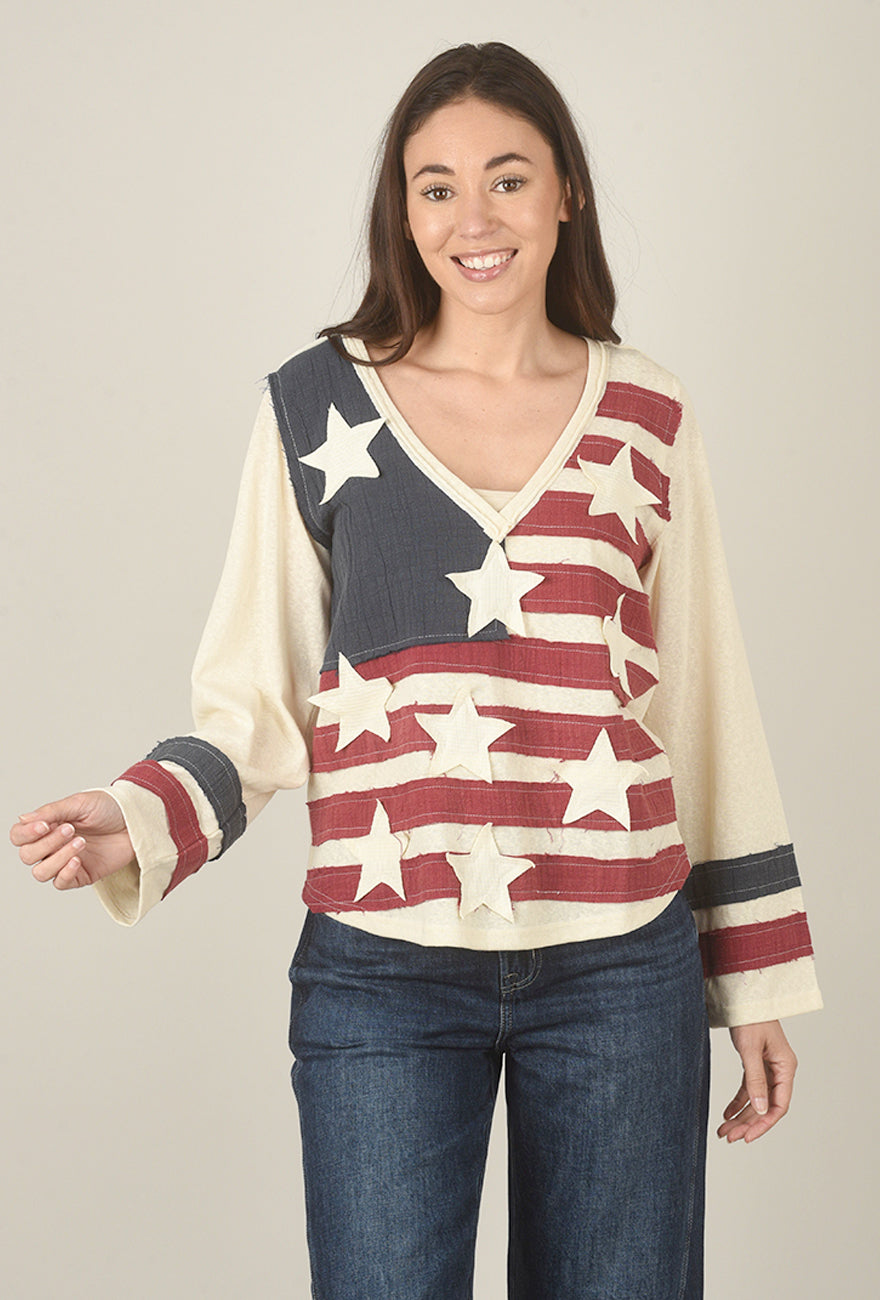 POL Vintage Wash Flag Sweatshirt, Cream Multi 