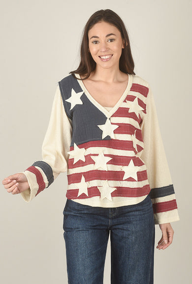 POL Vintage Wash Flag Sweatshirt, Cream Multi 
