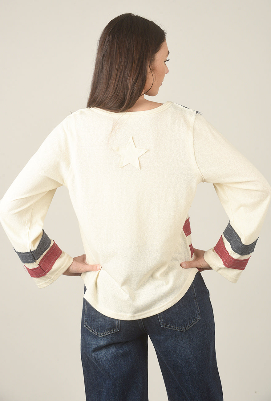 POL Vintage Wash Flag Sweatshirt, Cream Multi 
