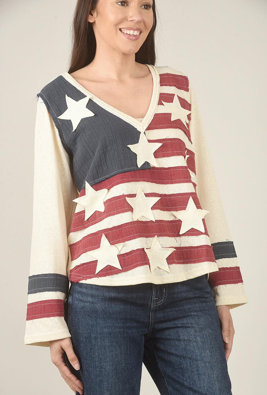 POL Vintage Wash Flag Sweatshirt, Cream Multi 
