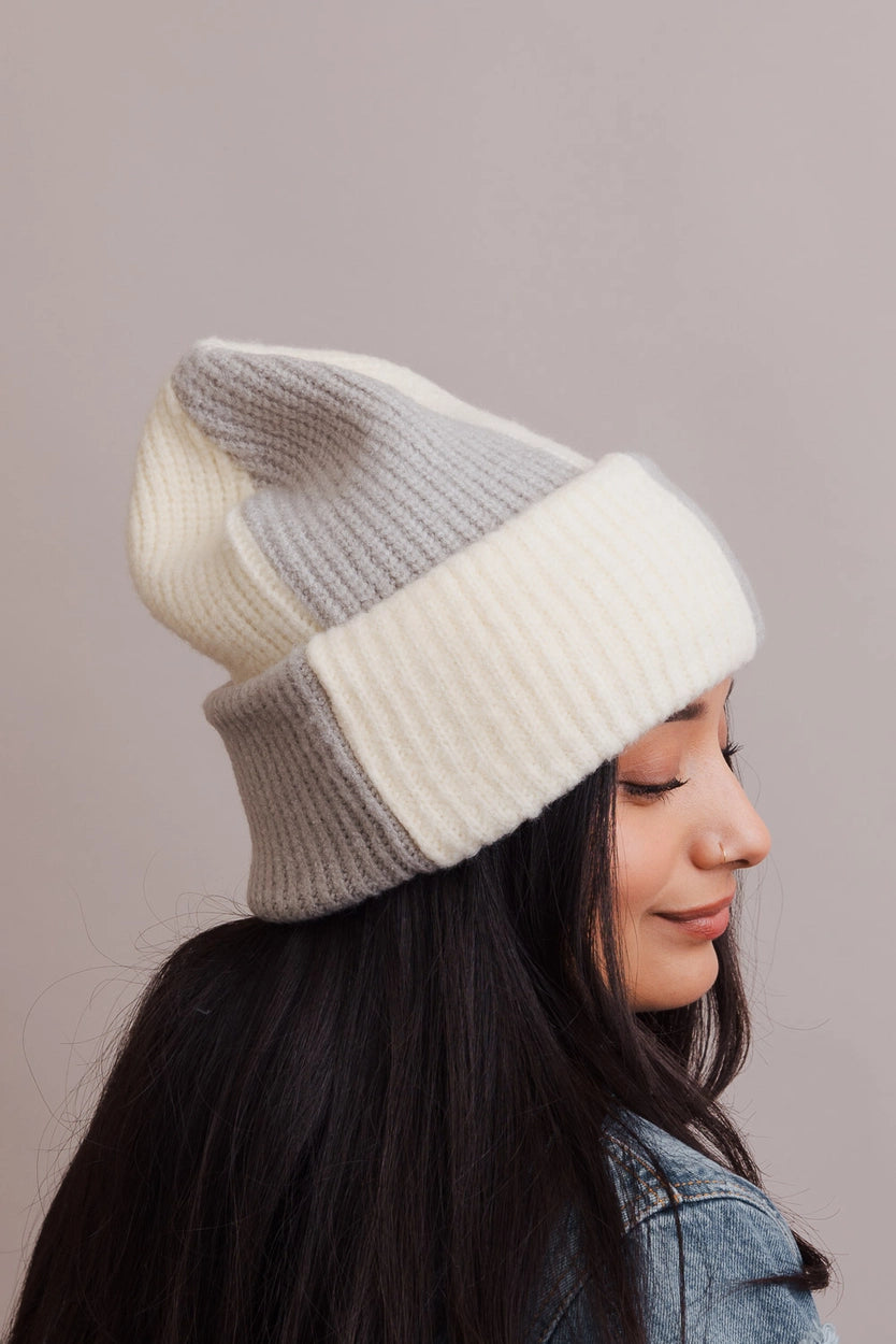 Leto Accessories Two-Tone Ribbed Knit Beanie, Gray/Ivory 