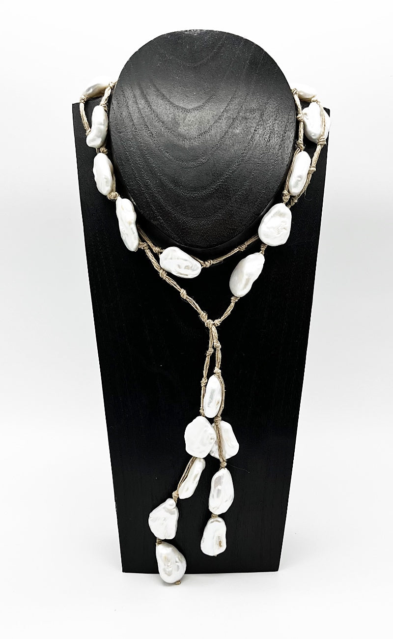 Mela Flat White Pearl Macrame Lariat Necklace One Size 