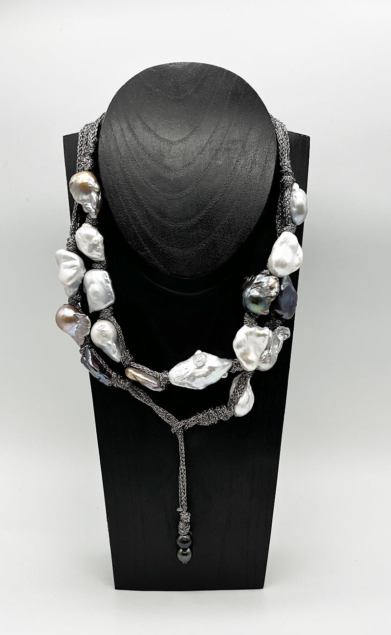 Mela Long Gunmetal Cord/Pearl Necklace One Size Gunmetal