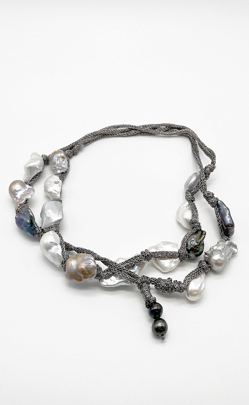 Mela Long Gunmetal Cord/Pearl Necklace One Size Gunmetal