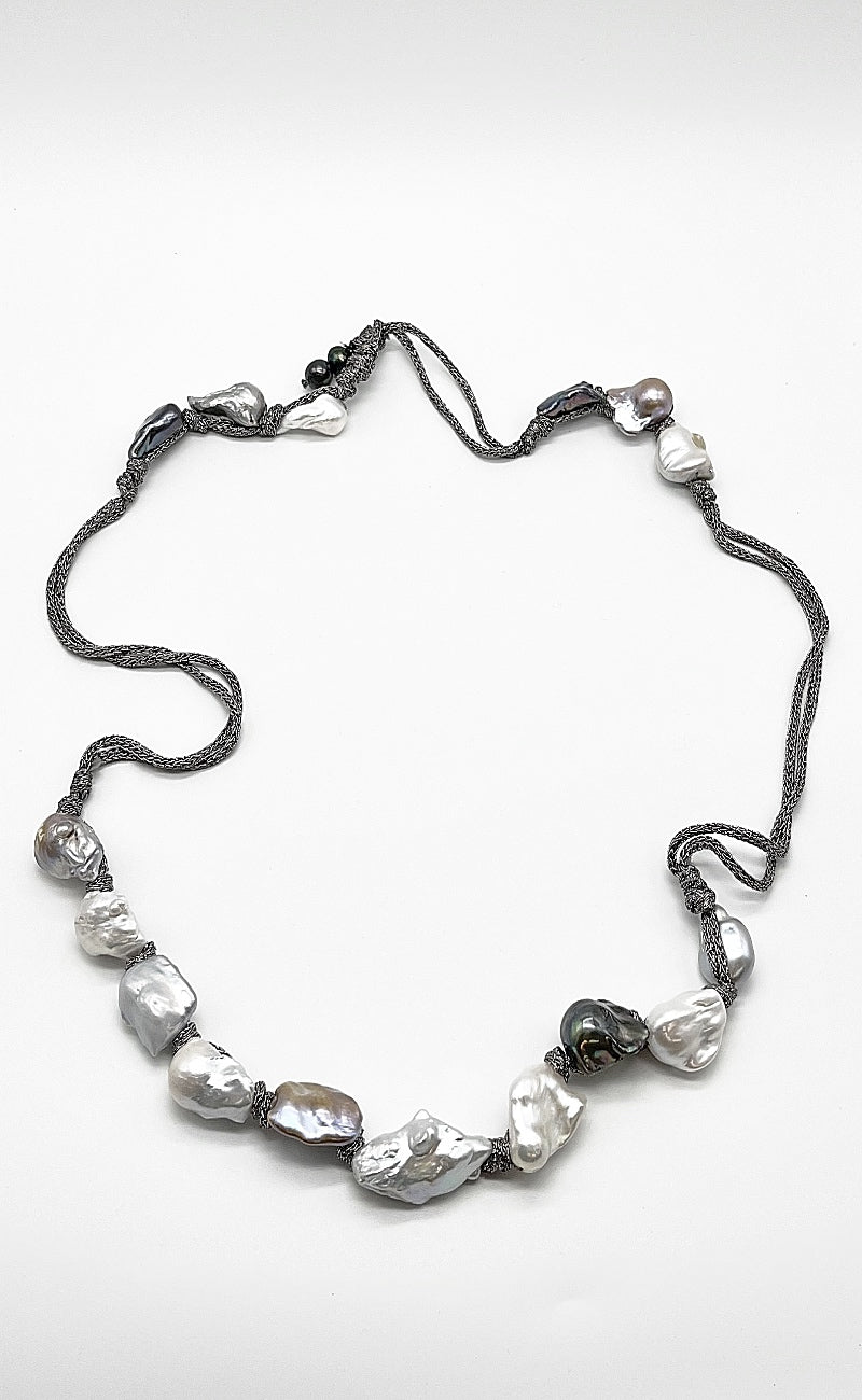 Mela Long Gunmetal Cord/Pearl Necklace One Size Gunmetal