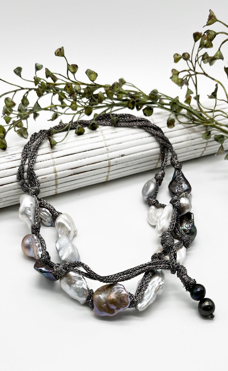 Mela Long Gunmetal Cord/Pearl Necklace One Size Gunmetal