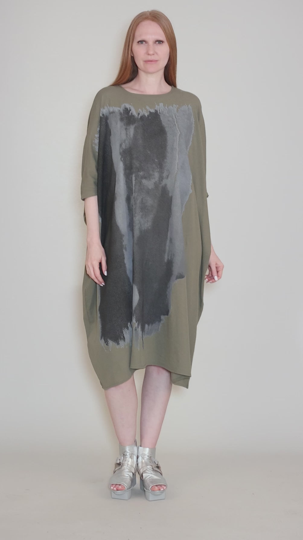 Dolman Drape Graphic Dress, Khaki Angle 5