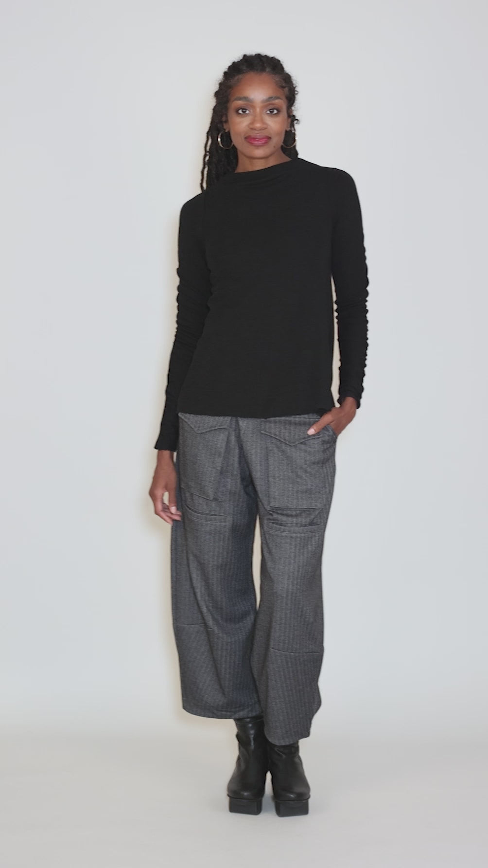 Gather Sleeve Wool Top, Black Angle 5