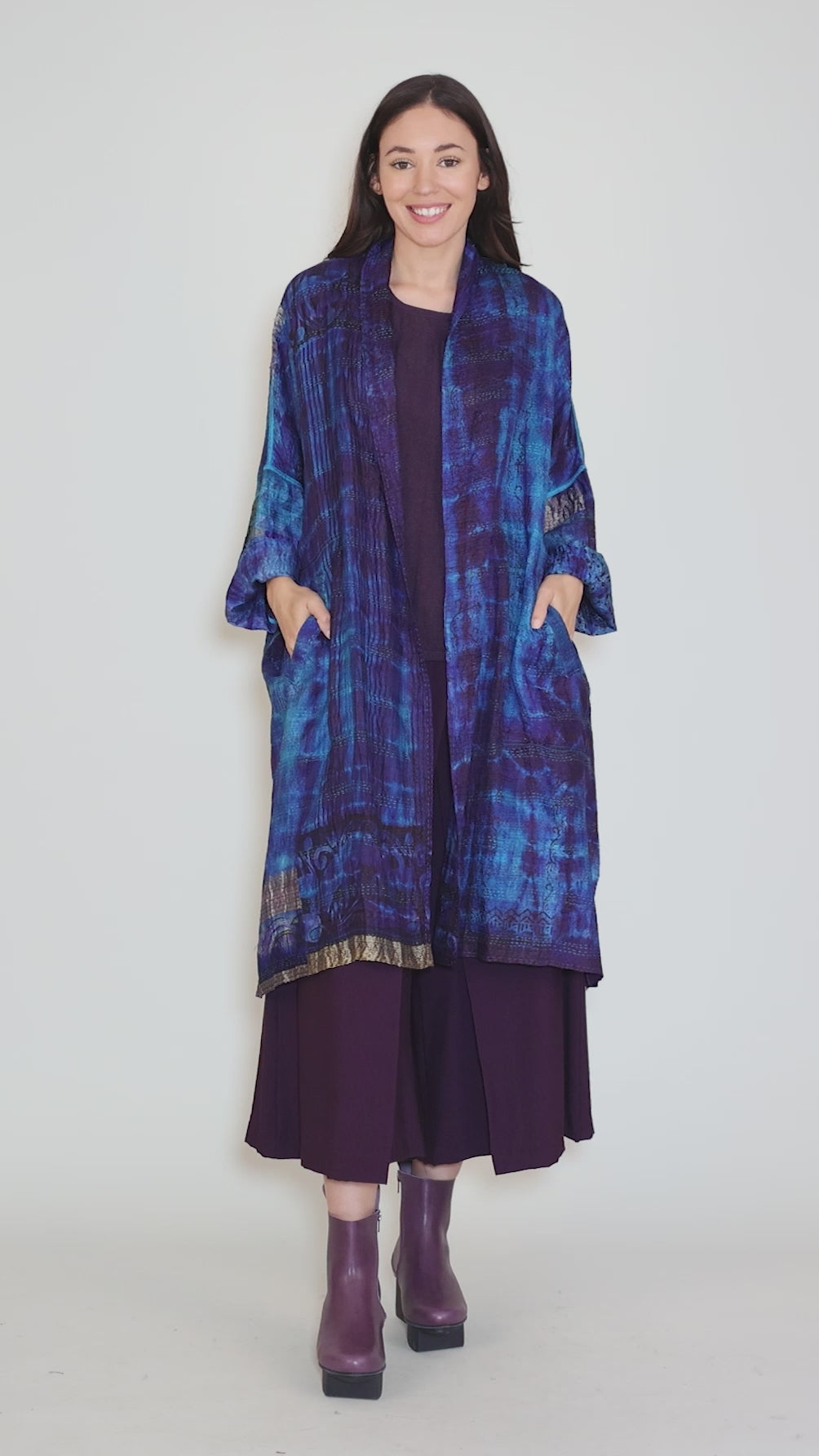 Vintage Silk Kantha Kimono Wrap, Sapphire Angle 7