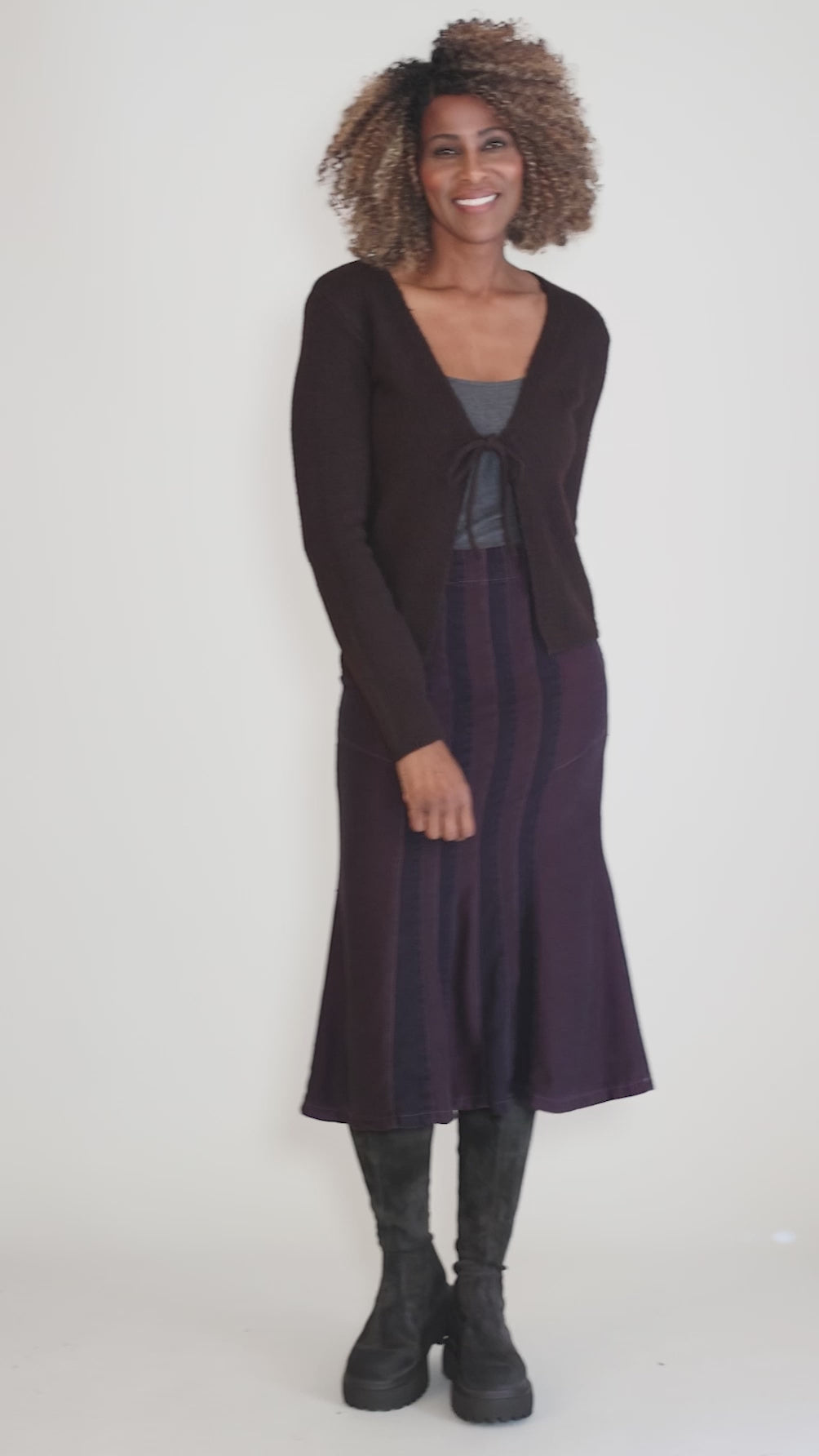Tie-Front Trim Cardie, Brown Angle 5