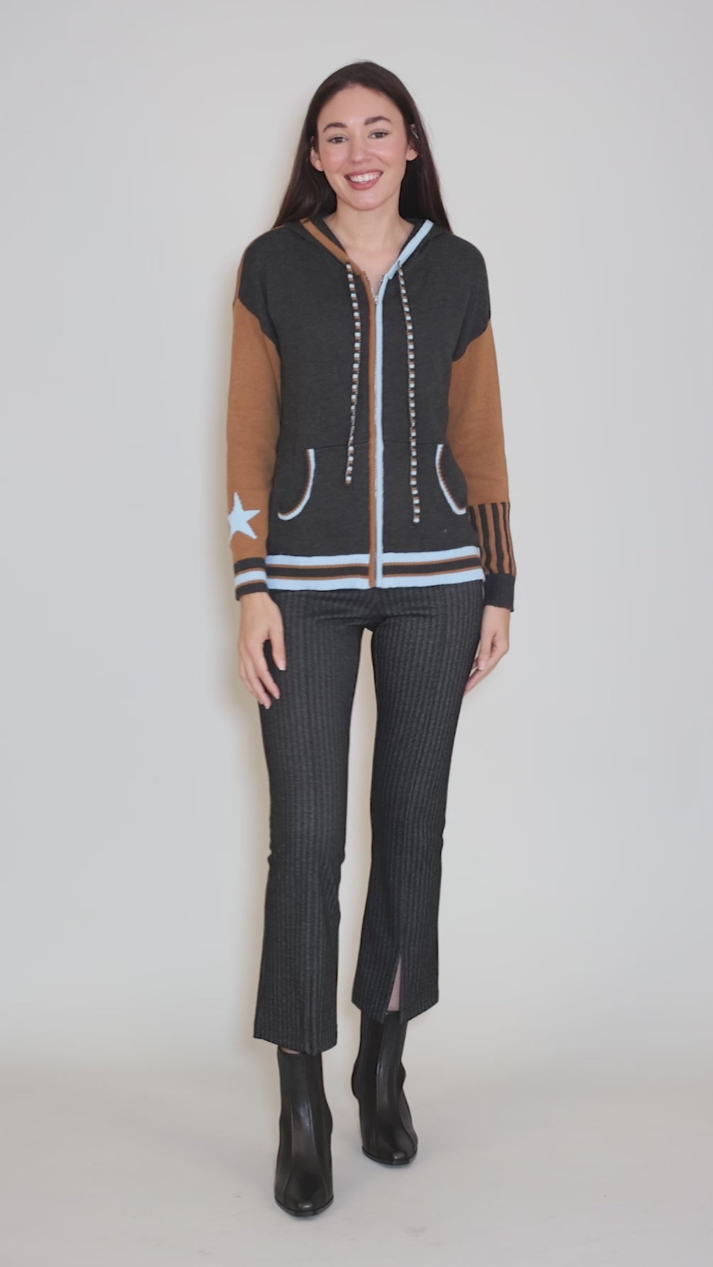 Stars Zip-Up Hoodie, Charcoal/Umber Angle 5