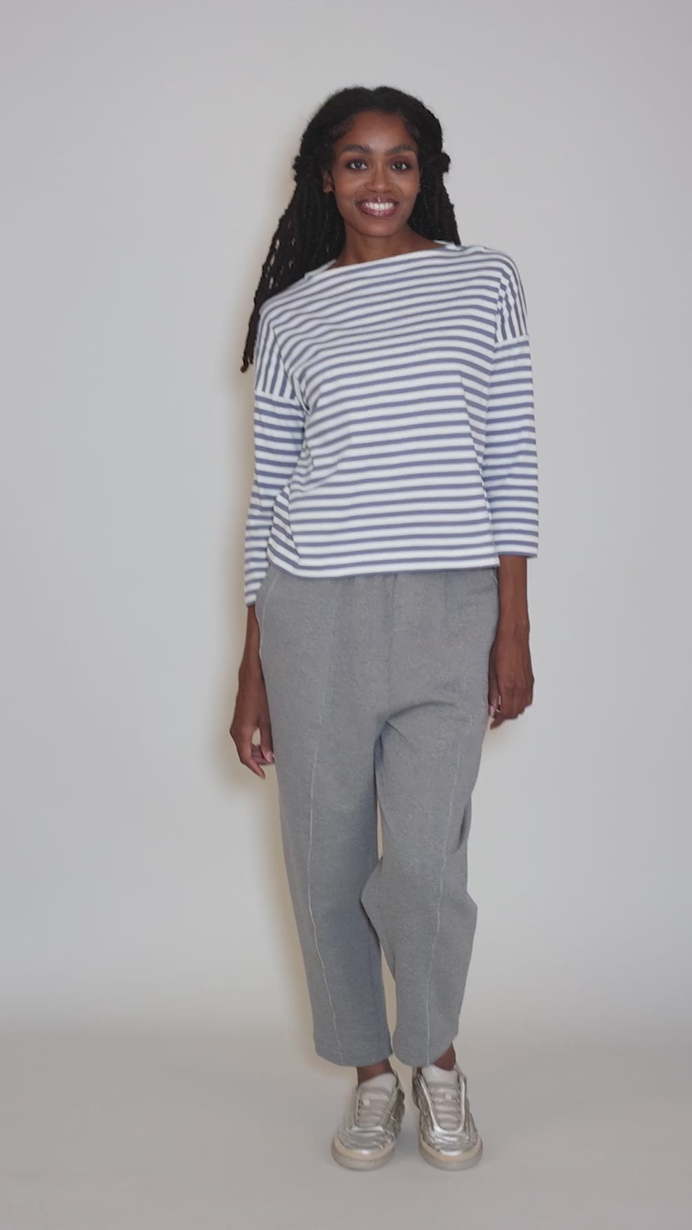 Leia-Sue Jersey Stripe Top, Pewter/Off White Angle 5