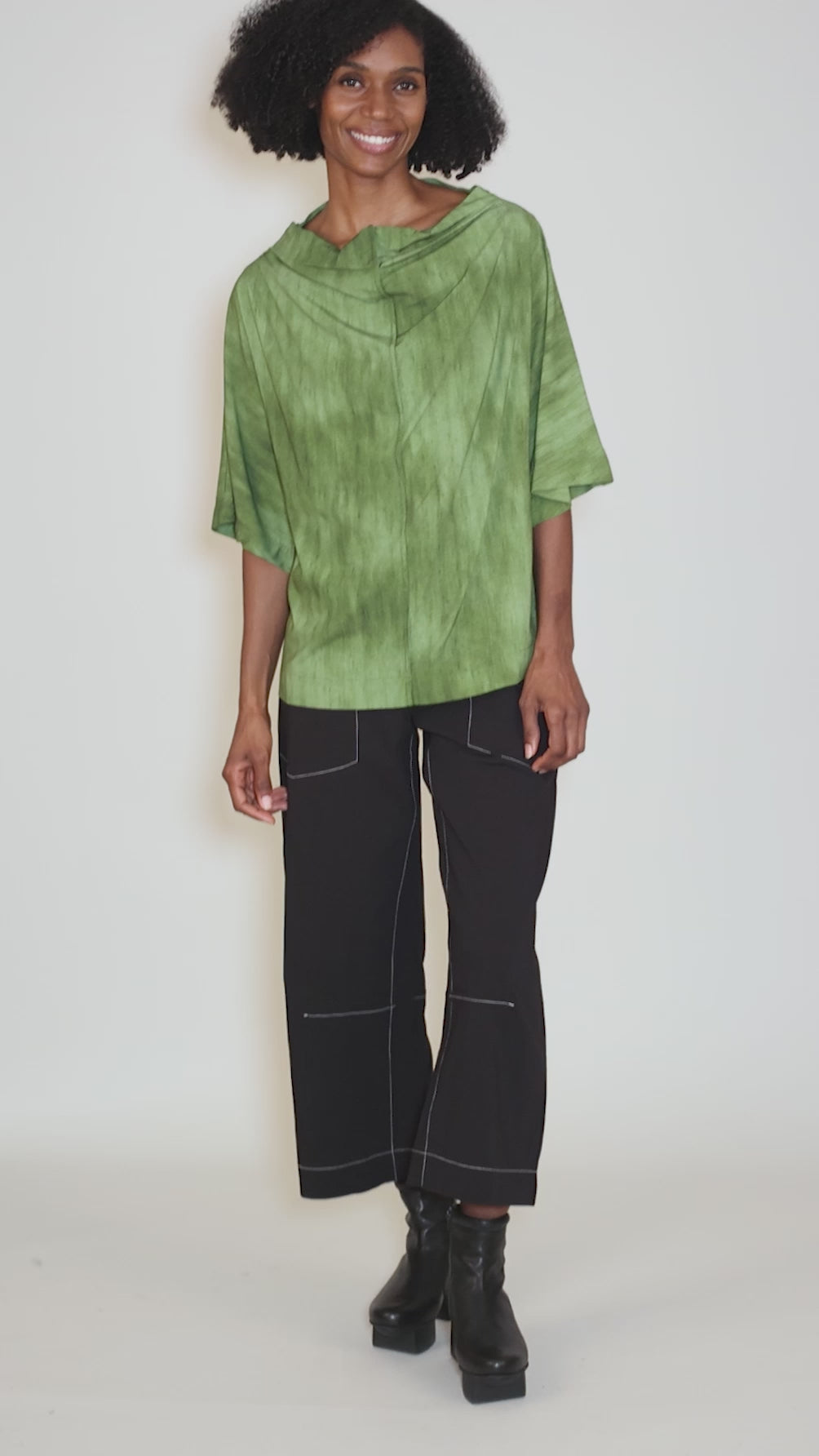 Woven Drape Neck Top, Green Angle 5