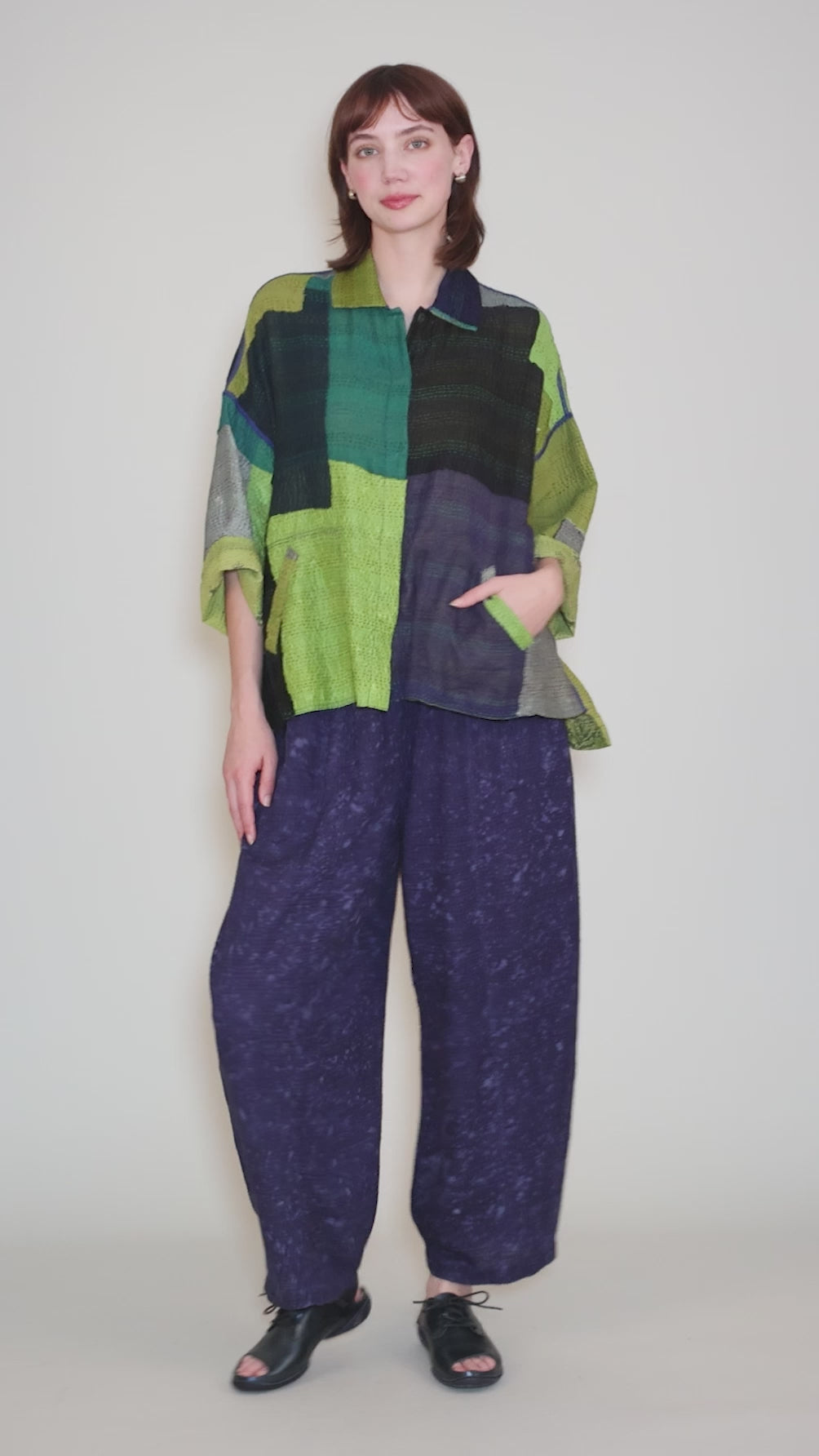 Marble Fray Crop Tent Shirt, Cobalt/Chartreuse Angle 6