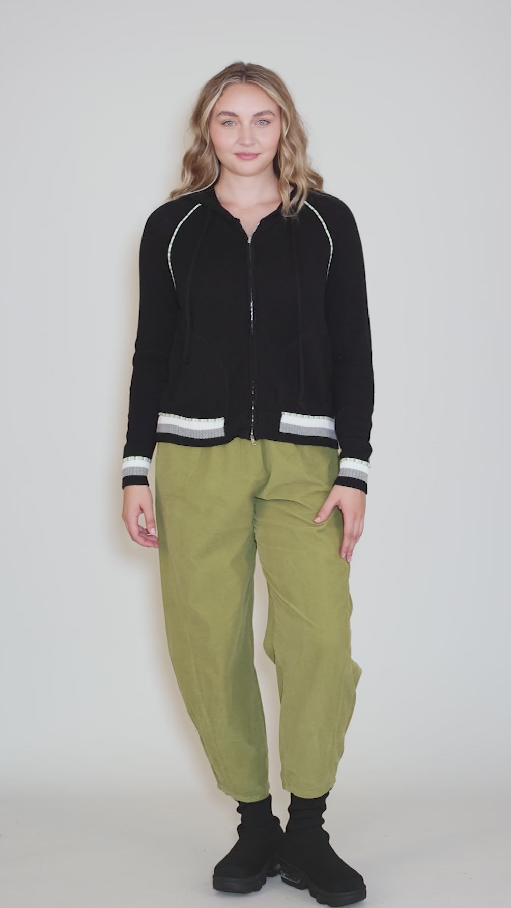 Stripe Trim Zip Up Hoodie, Black Angle 5