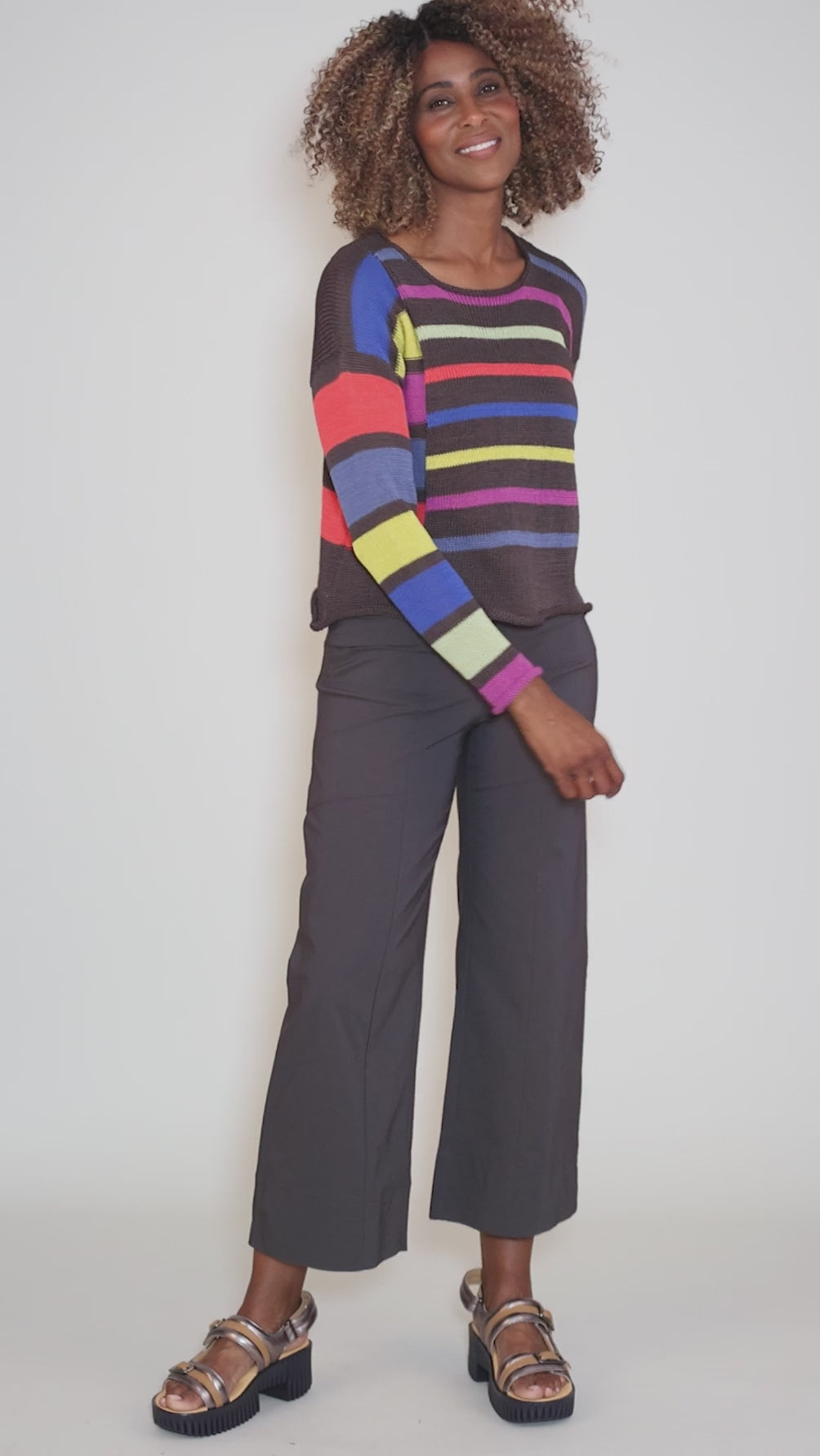 Megan Happy Stripe Sweater, Brown Mix Angle 5