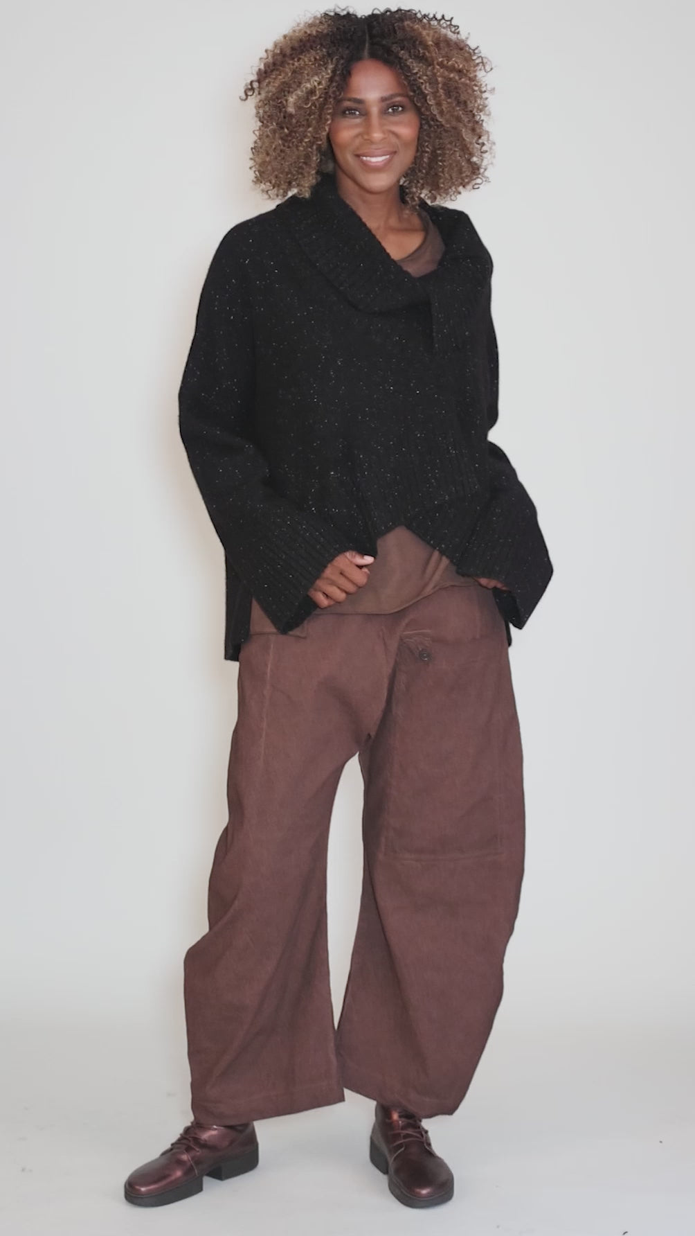 Ribbed Asym Marled Pullover, Black Angle 5