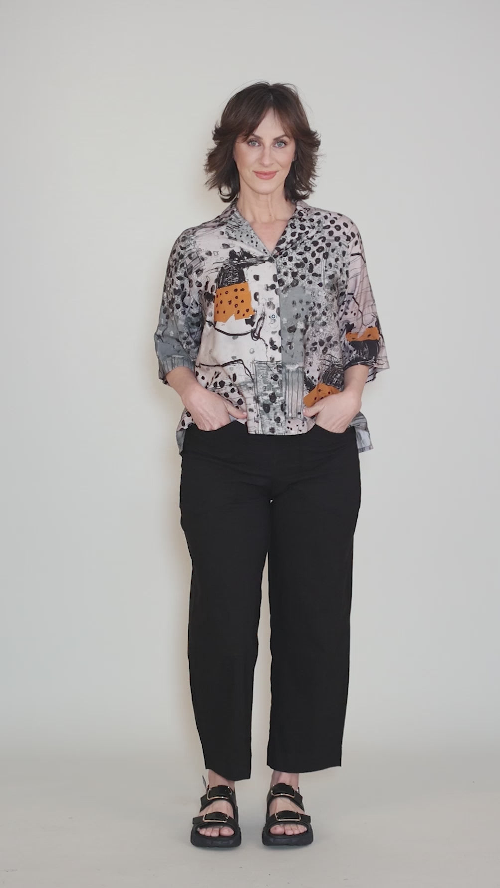 Catty Button-Up Swing Shirt, Gray/Orange Angle 5