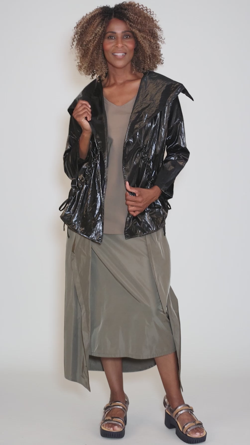 Lustrous Drawstring Jacket, Black Angle 5