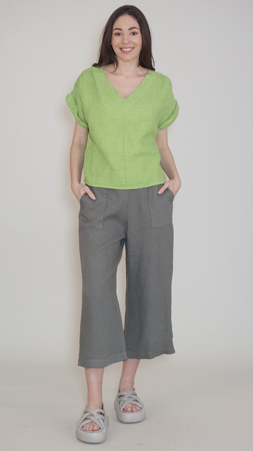 Embroidered Linen Vee Top, Kiwi Angle 5