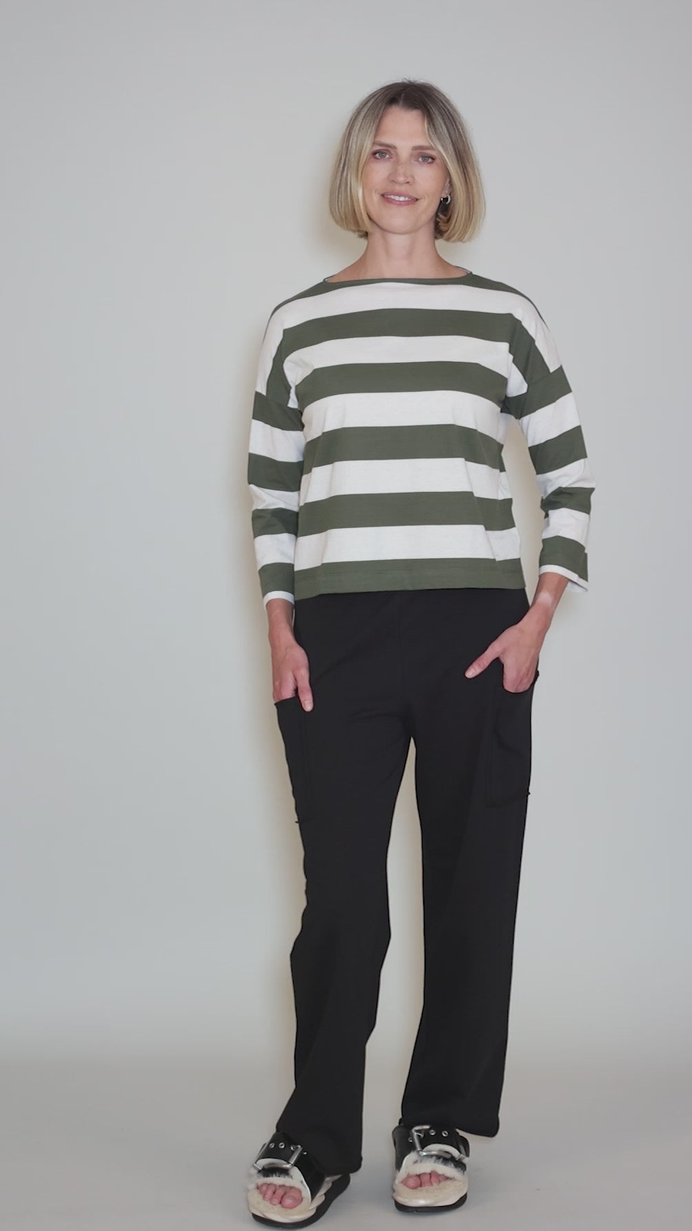 Leia-Sue Jersey Stripe Top, Olive/Ecru Angle 5
