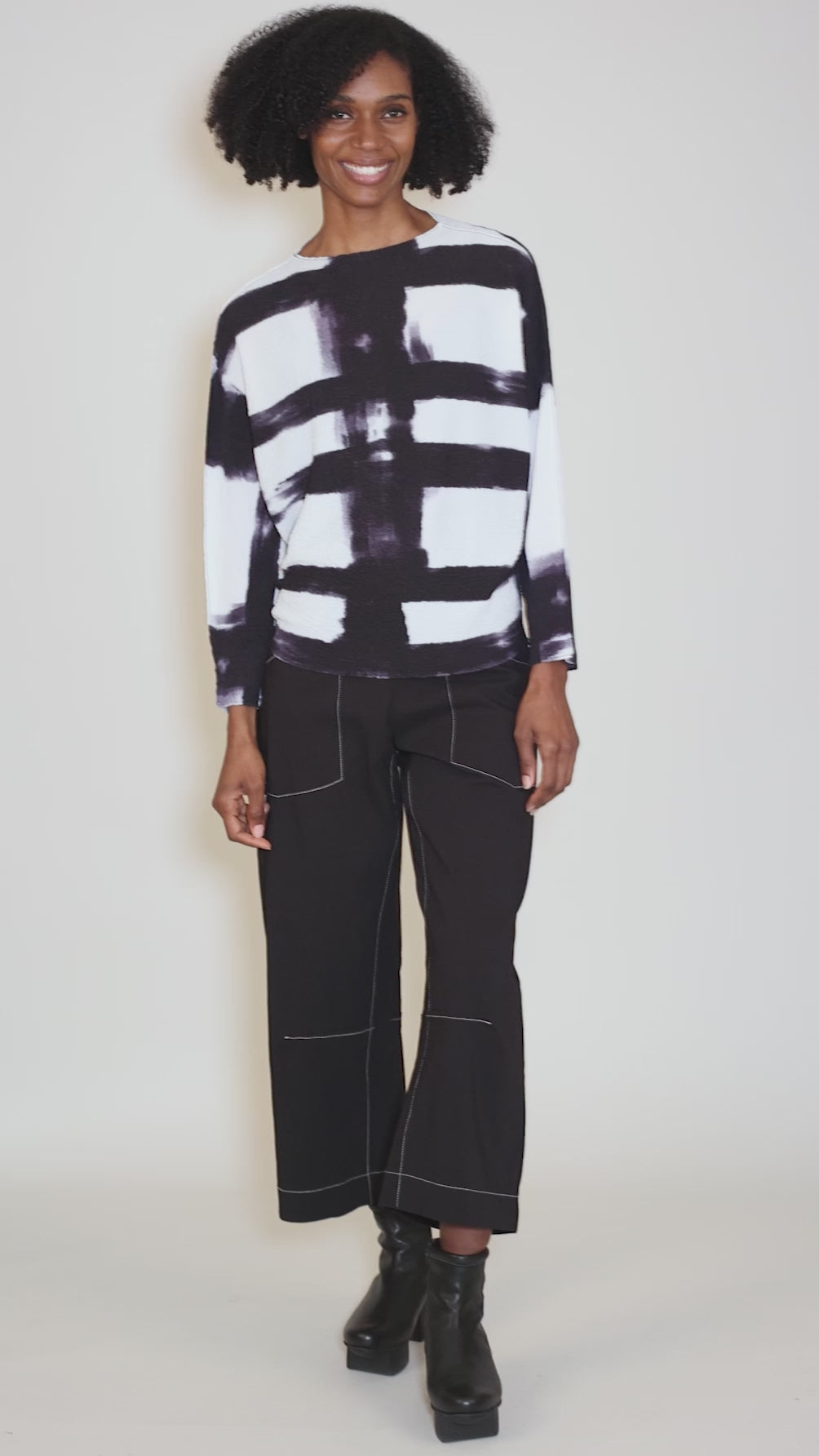 Abstract Plaid Crepe Top, Black/White Angle 5