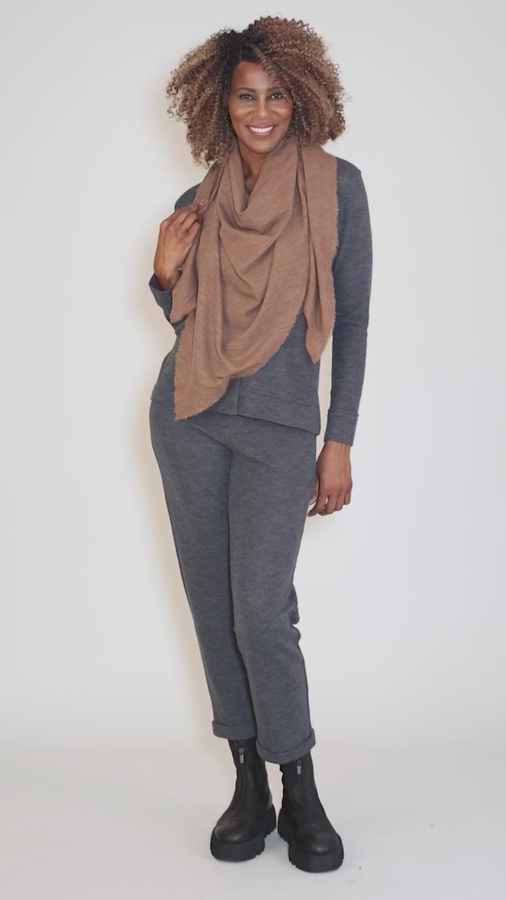 Curled Edge Wool Shawl, Camel Angle 3
