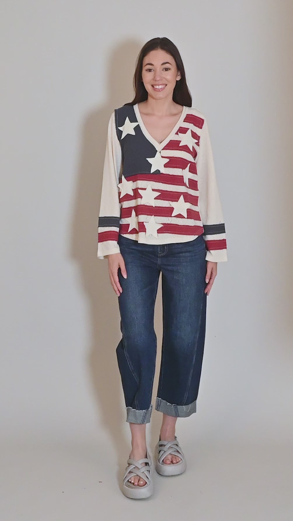 Vintage Wash Flag Sweatshirt, Cream Multi Angle 5