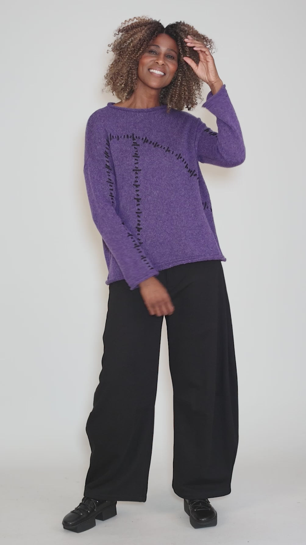Stitched Together Sweater, Purple/Black Angle 5