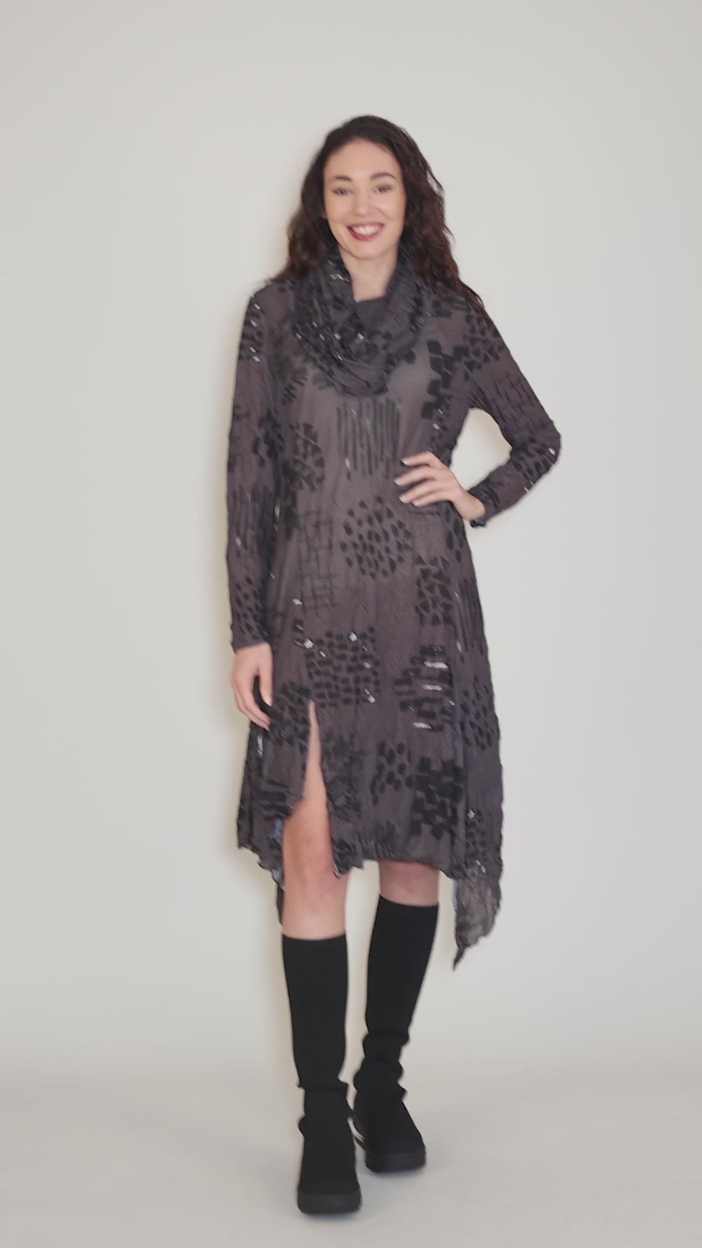 Crinkle Cowl Dress, Brown/Black Angle 5