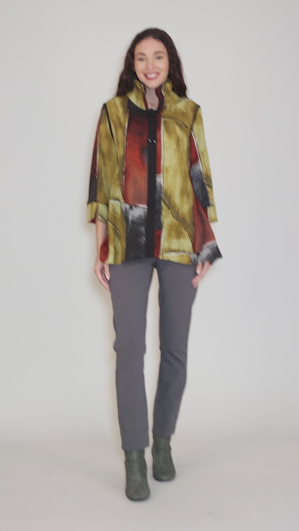 Wire Collar Longer A-Line Blouse, Burgundy/Ochre Angle 5