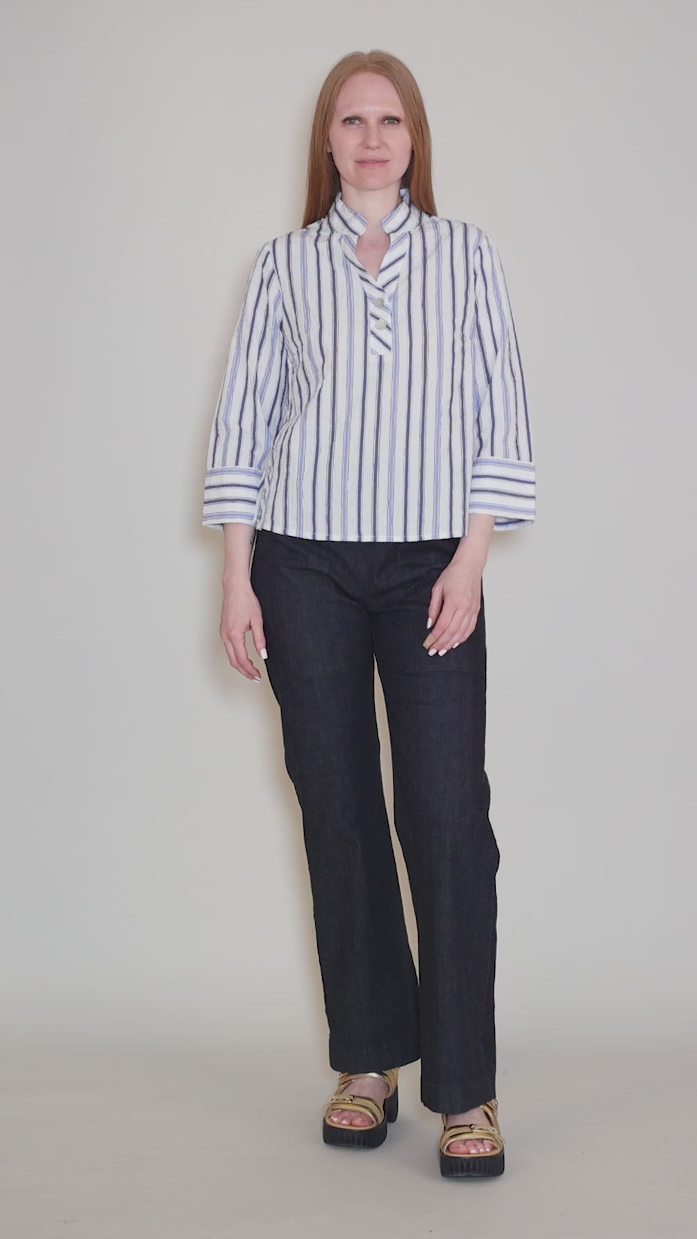 Hampton Stripe Half Placket Pullover, Sky Angle 5