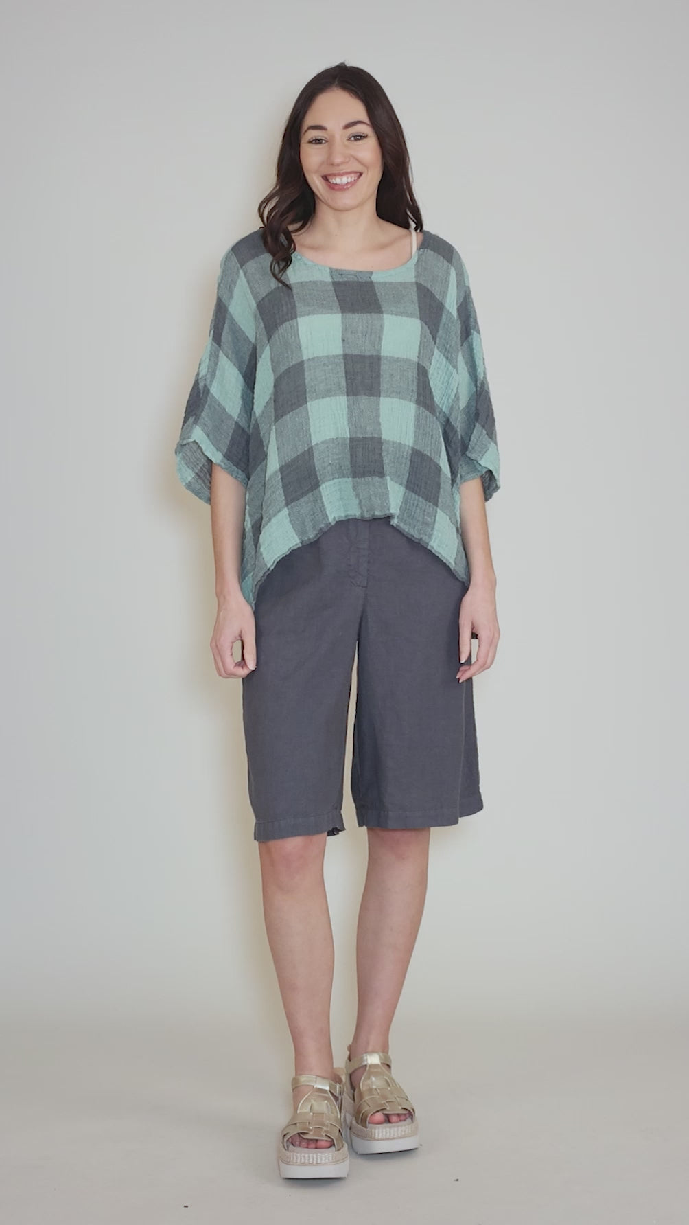 Linen Gauze Check Top, Mint/Coal Angle 7