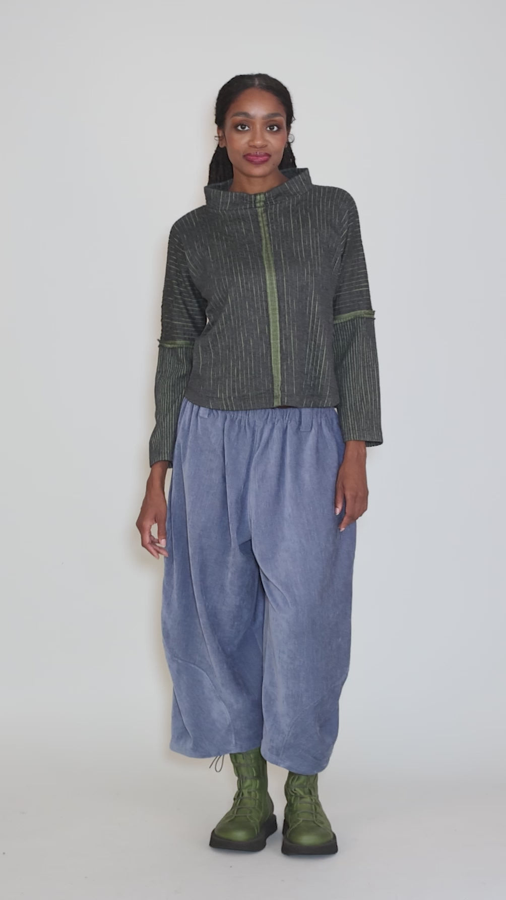 Crimp Stripe Knit Top, Gray/Green Angle 5