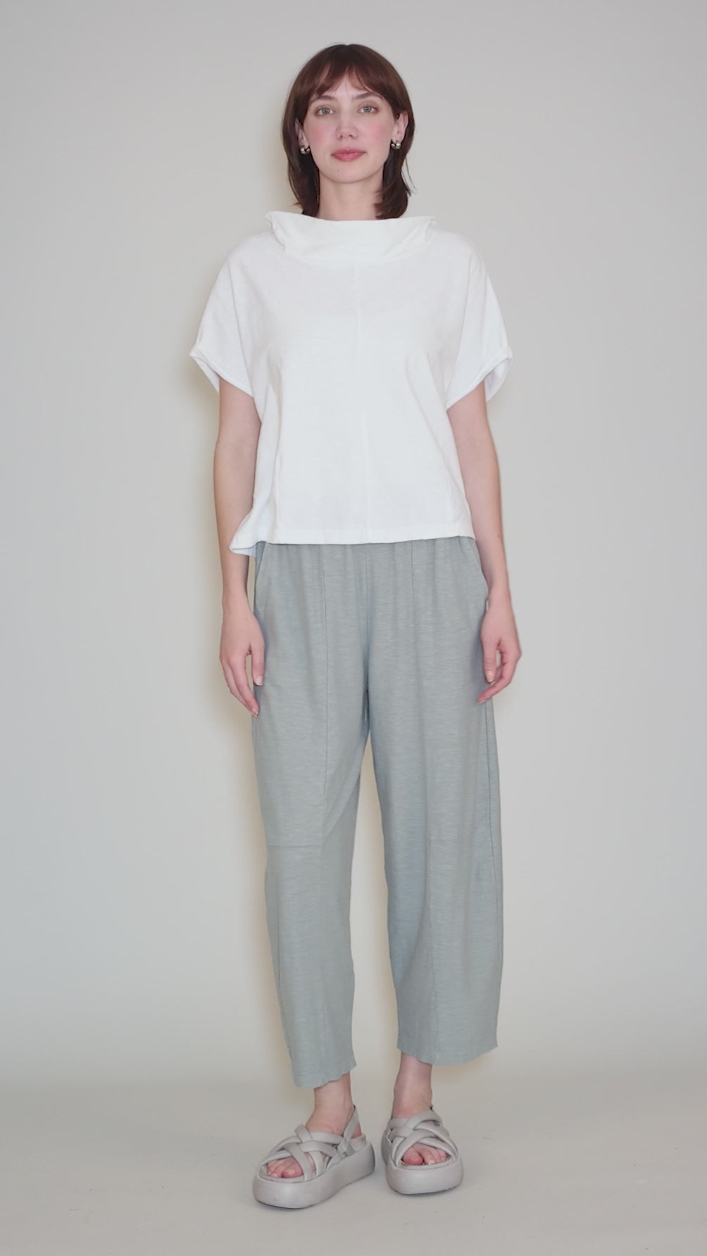 Jersey Roll-Sleeve Cowl Top, White Angle 5