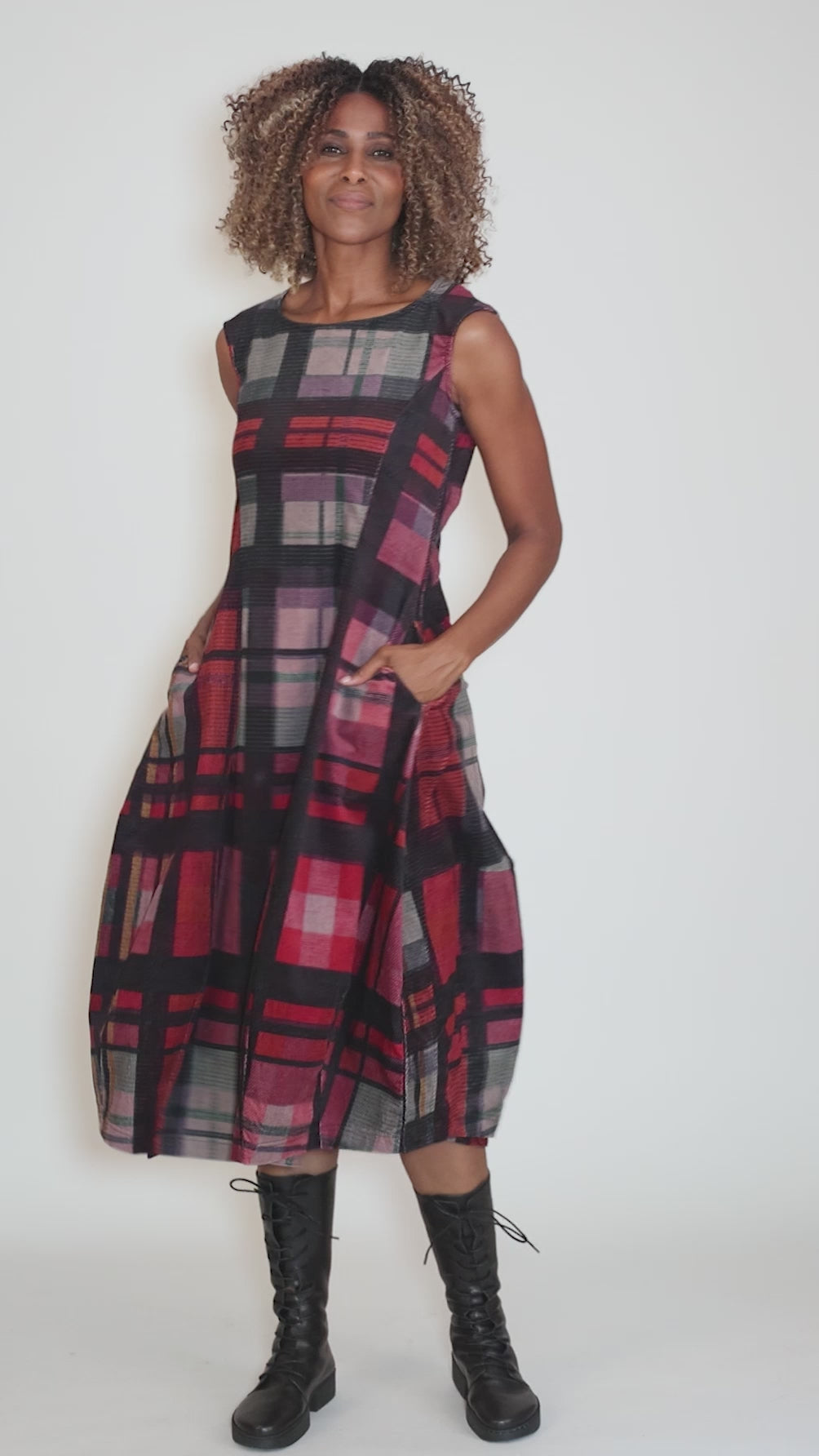 Velveteen Plaid Lantern Dress, Check Multi Angle 5