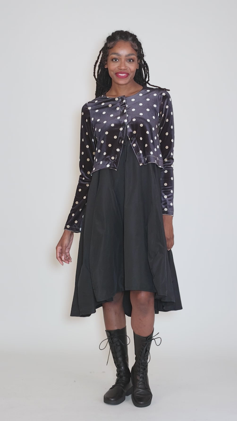 Taffeta Velvet Layered Dress, Black/Polka Angle 6