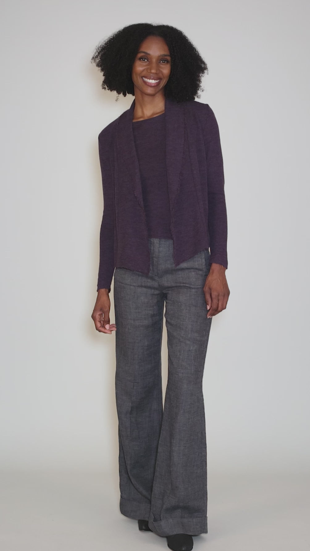 Merino Short Cardie, Plum Melange Angle 5