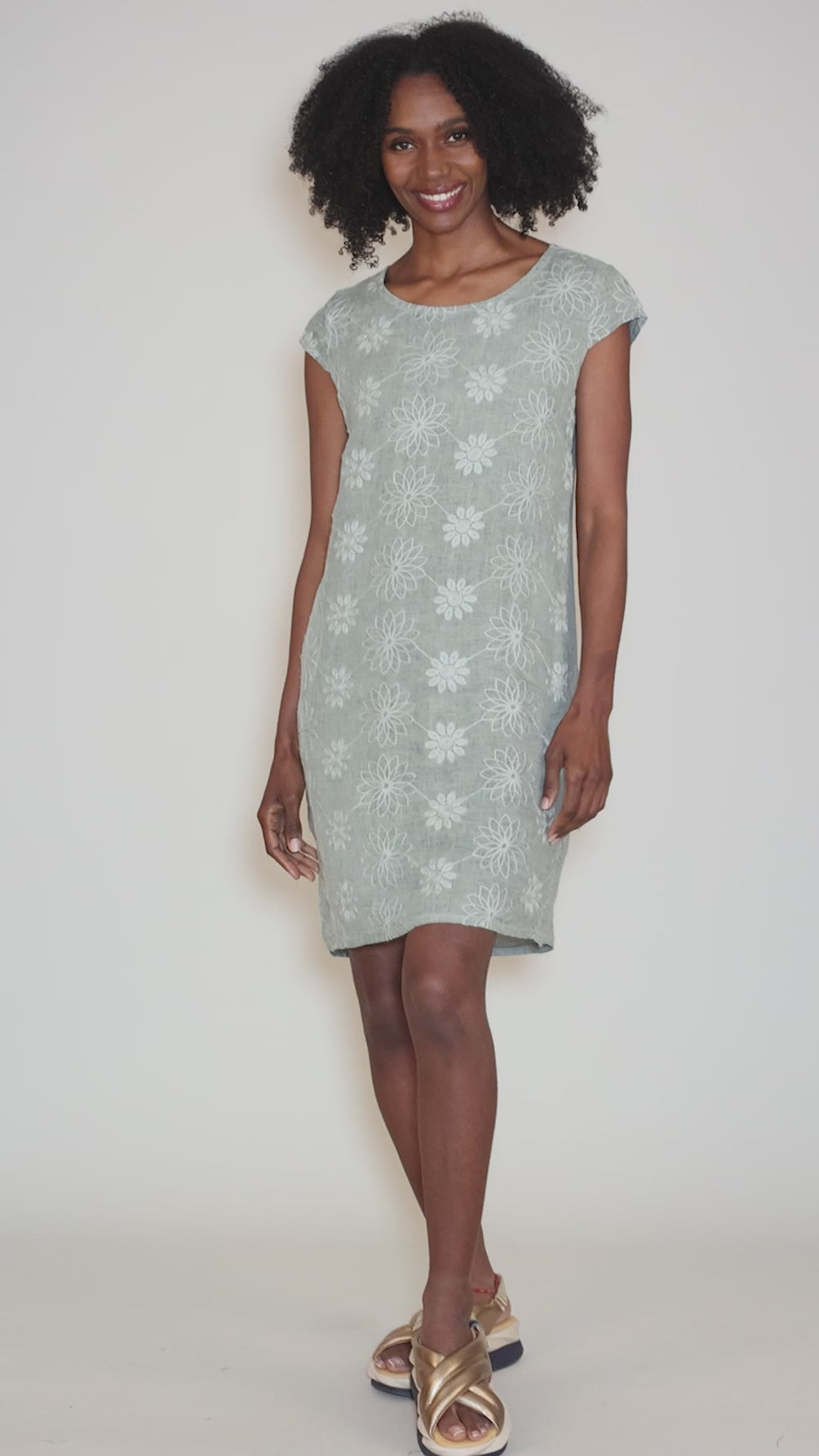 S/S Embroidered Linen Dress, Sage Angle 5