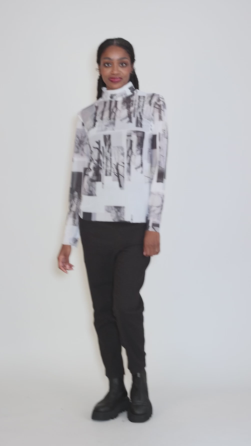Abstract Print Mesh Tneck, White/Gray Angle 5