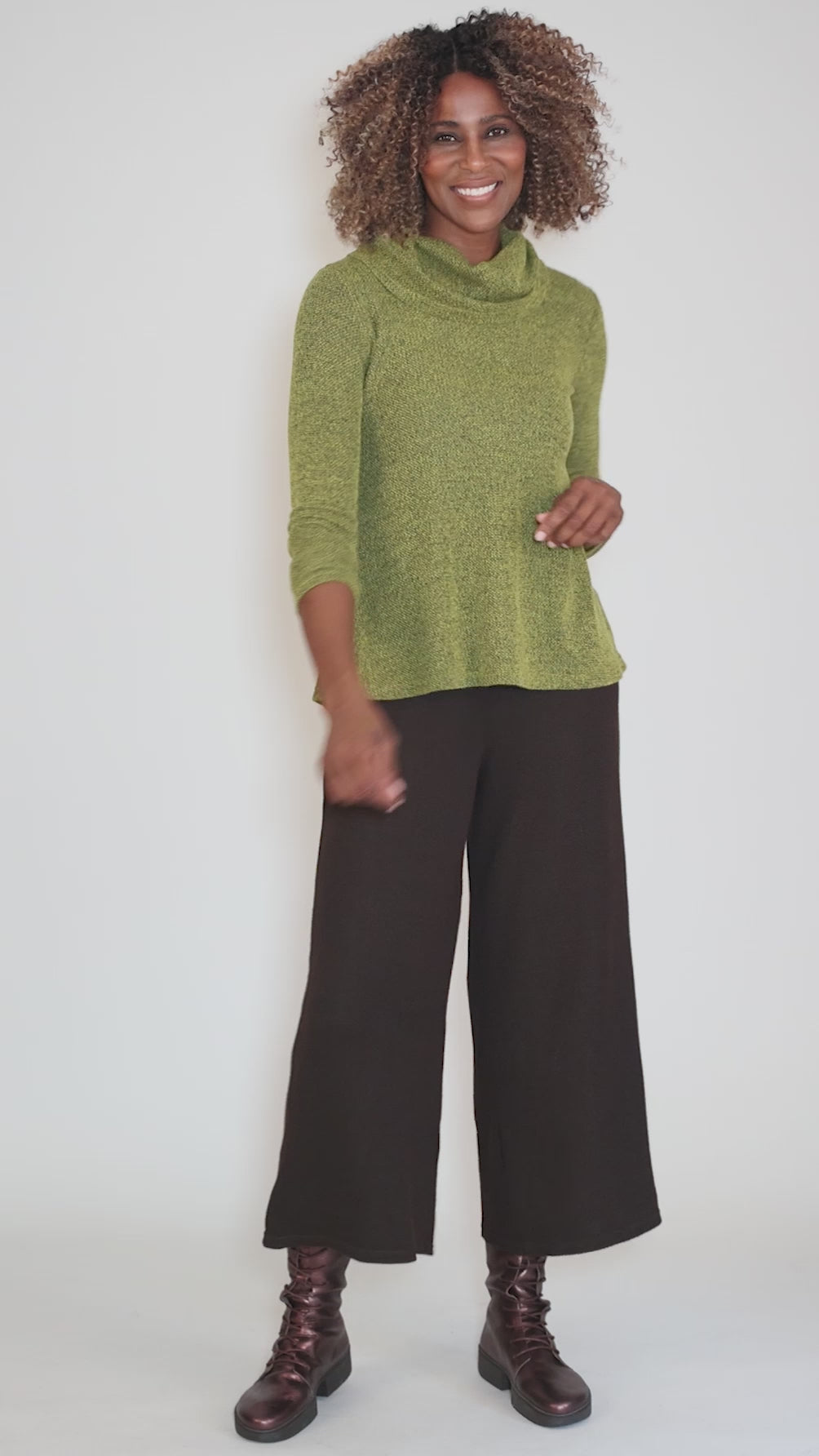 Marled Knit Cowl Pullover, Pea Angle 5