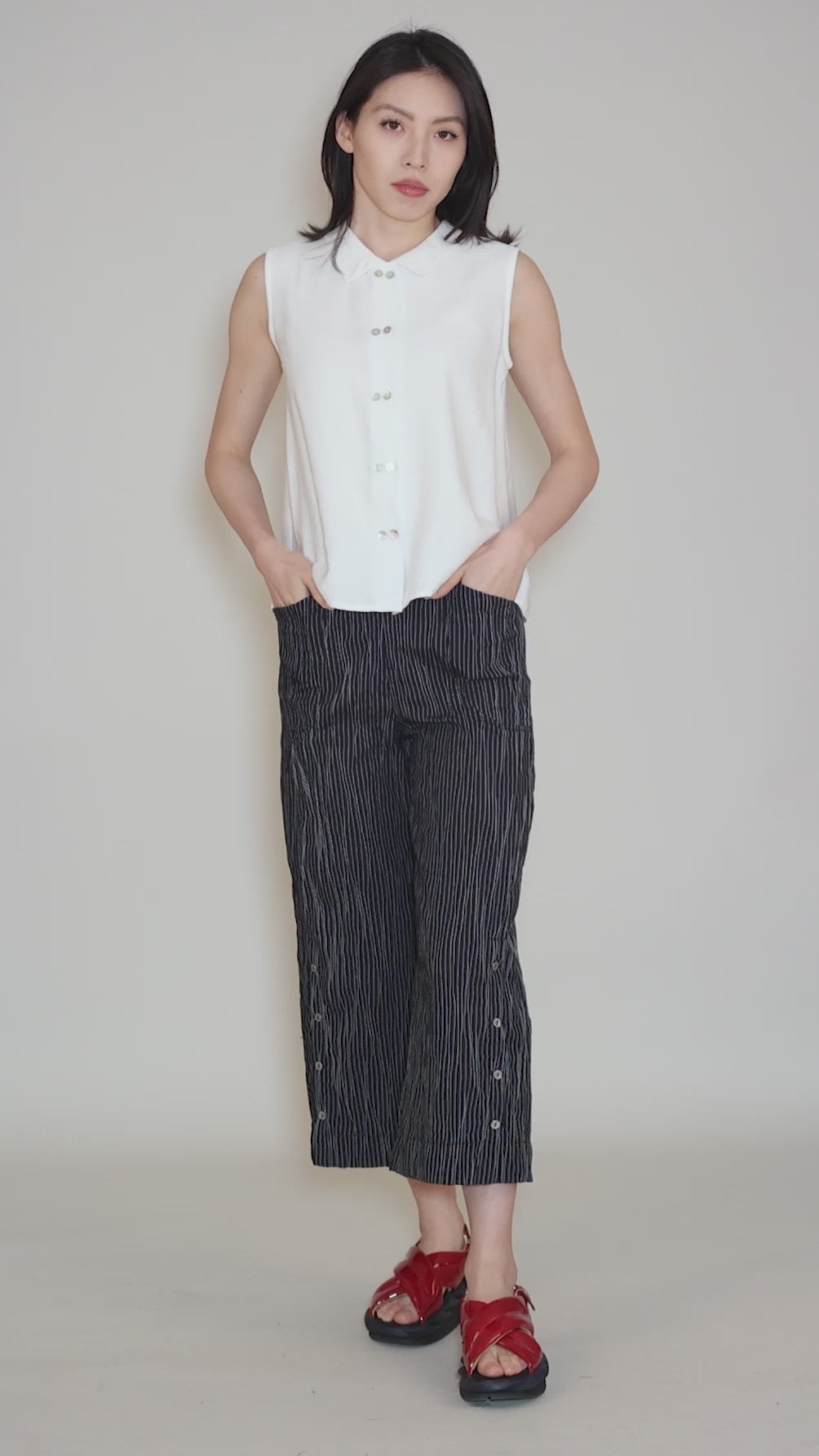 Sleeveless Twinbutton Top, White Angle 5