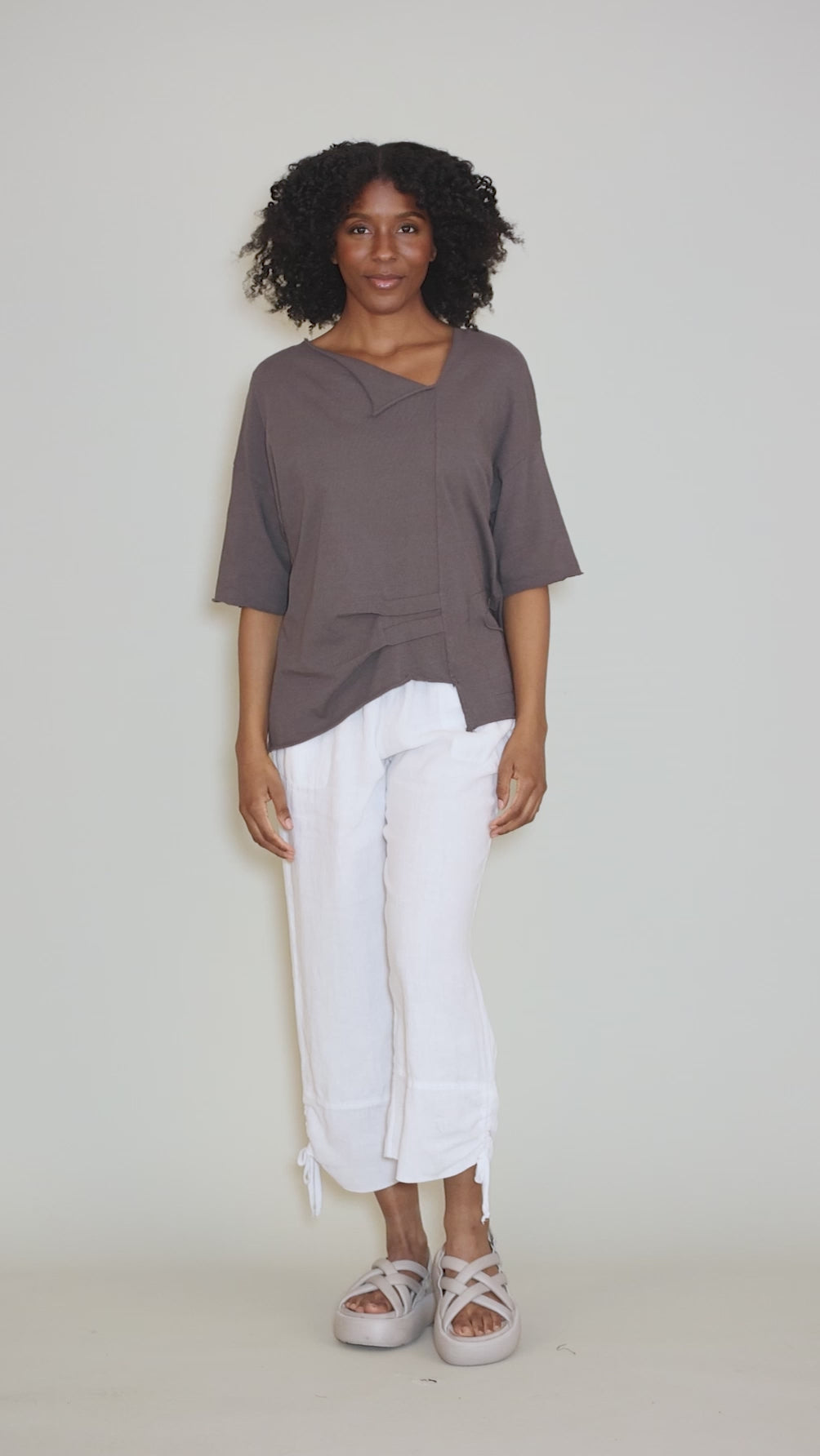 Mesh Hem Linen Pant, White Angle 5