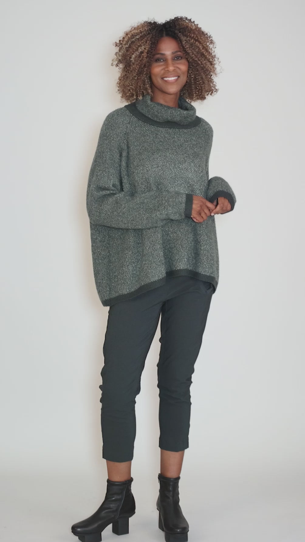 Pointillism Jacquard Funnel Swing Sweater, Forest/Park Angle 5