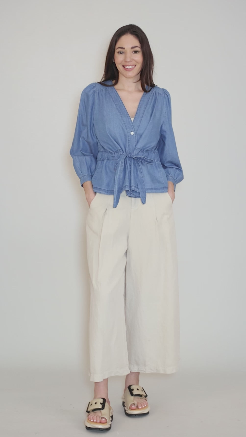 Denim Drawstring Top, Blue Angle 5