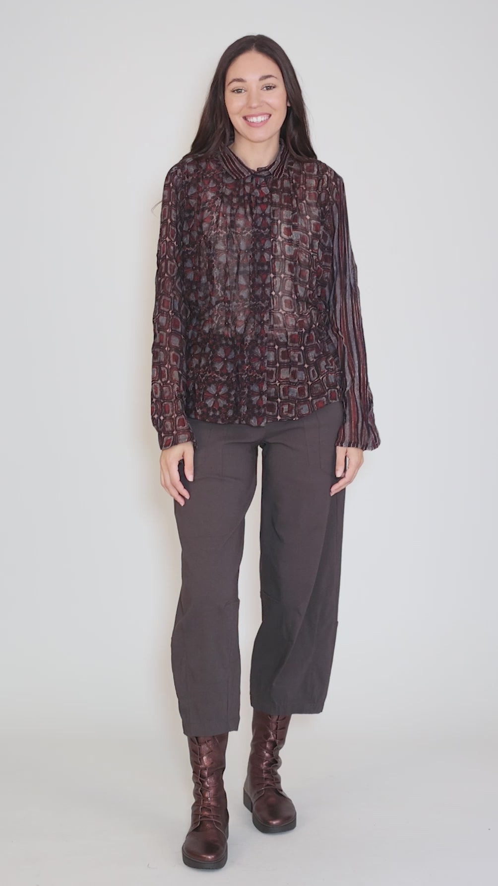 Ajrakh Wavy Tuck Cropped Shirt, Chocolate Angle 5