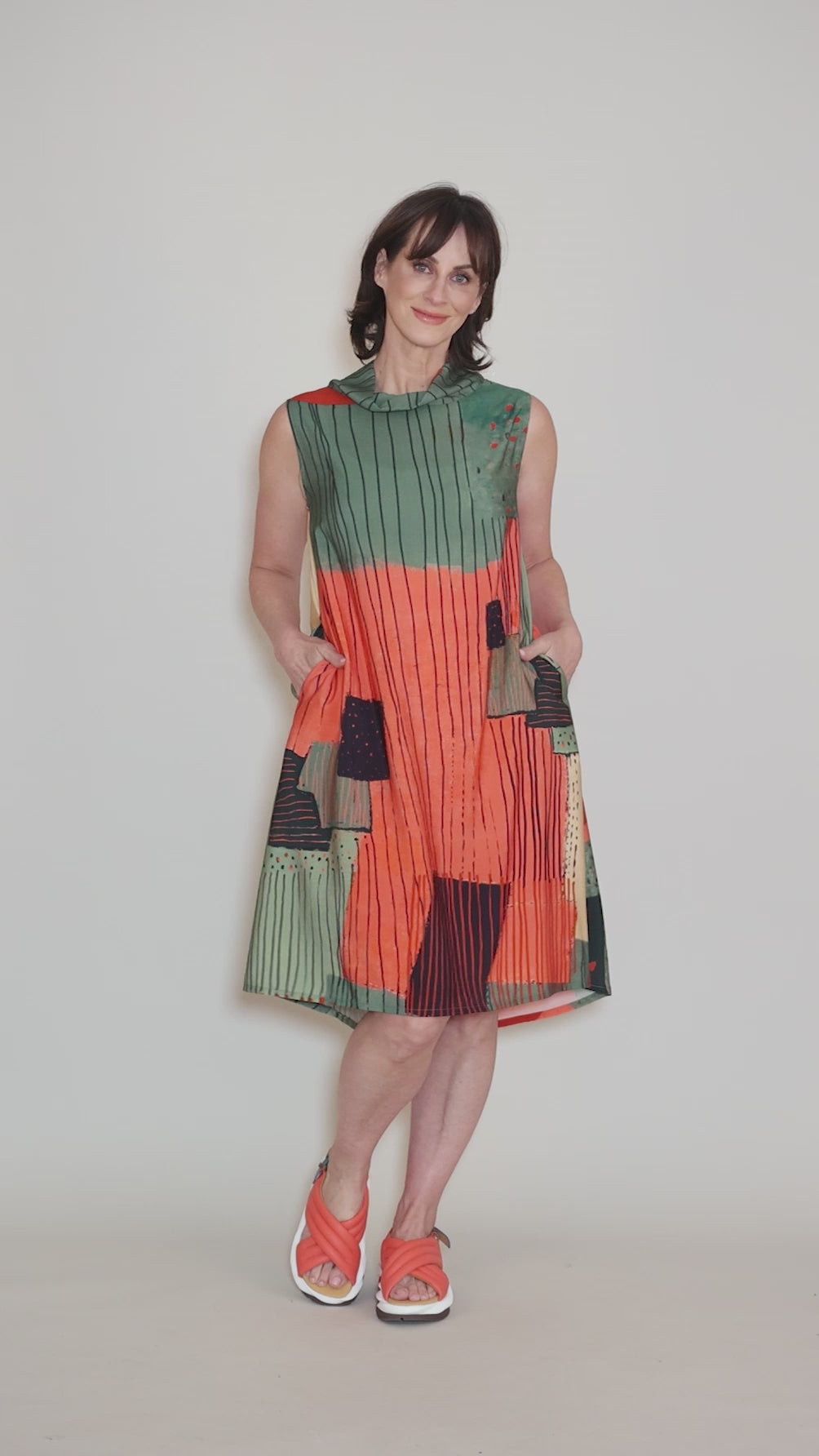 Cowl A-Line Print Dress, Flame/Olive Angle 5