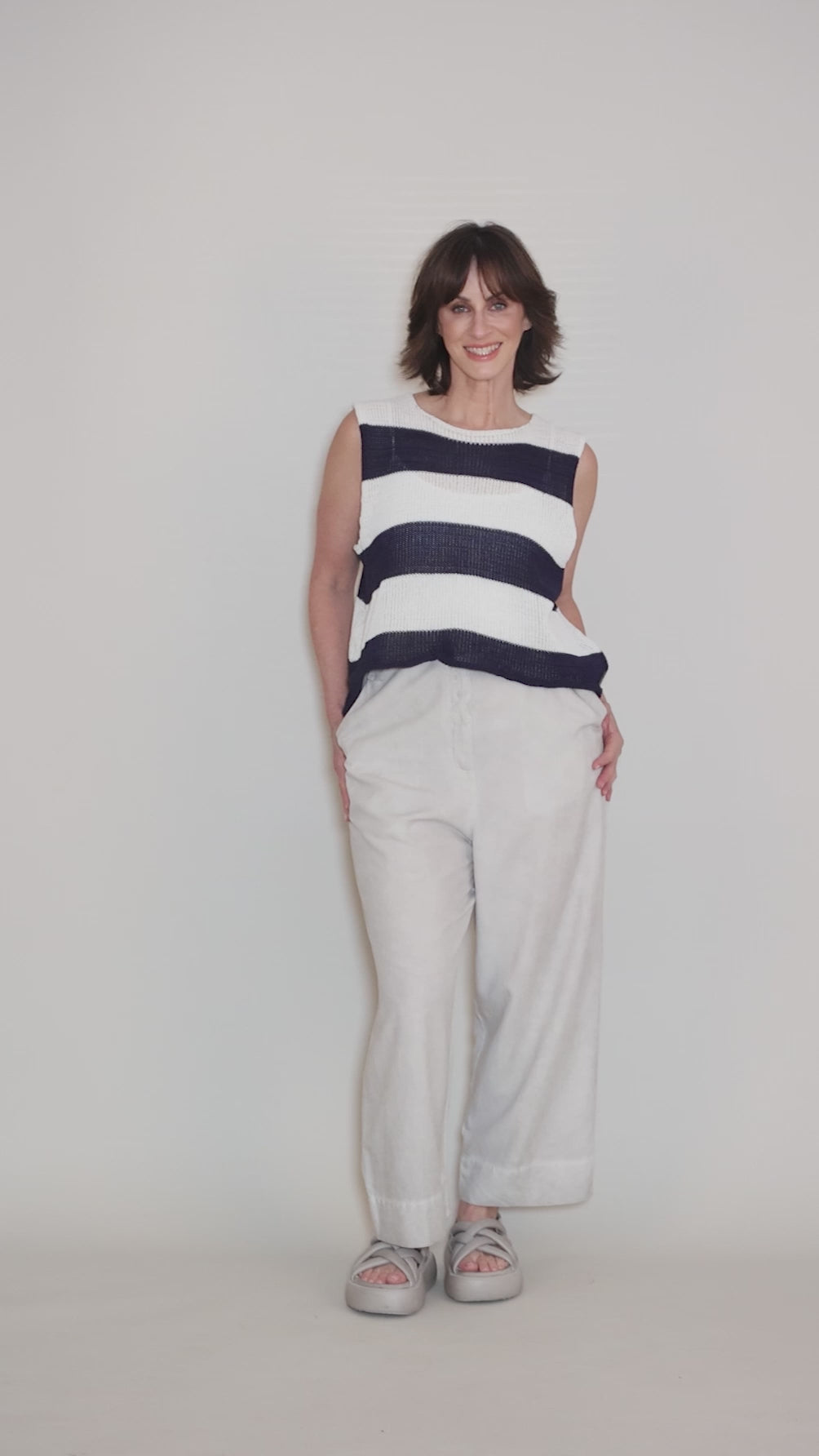 Simone Sweater Tank, White/Navy Angle 5