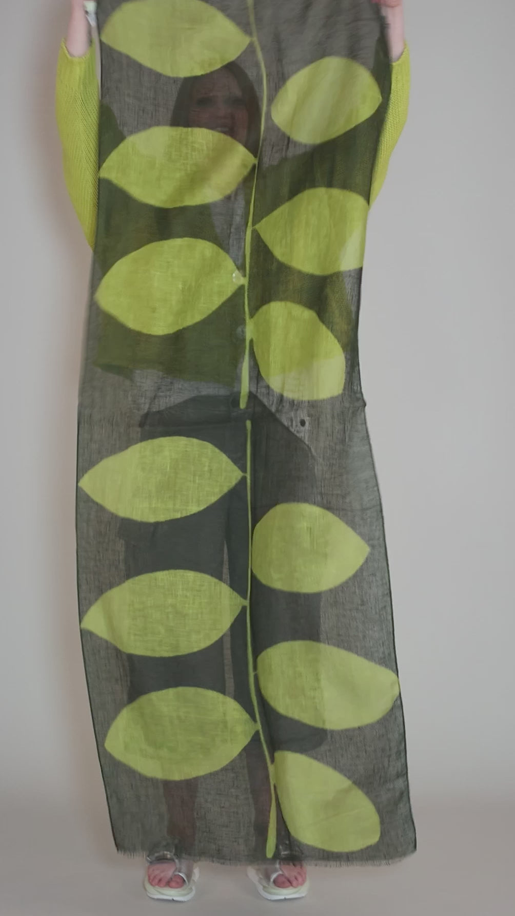 Plant Print Linen Scarf, Citron/Forest Angle 3