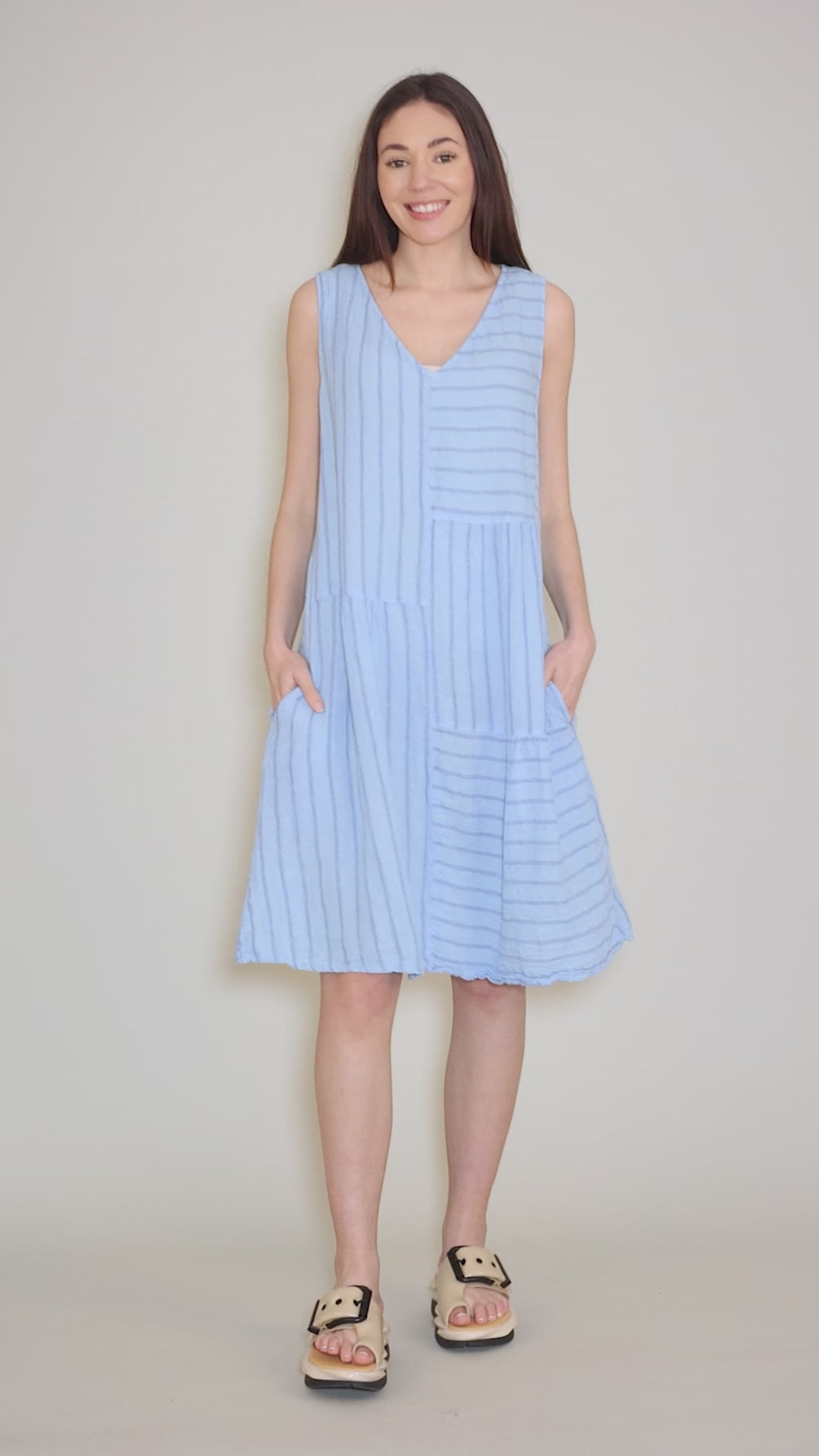 Linen Stripe Patch Dress, Bellflower Angle 5